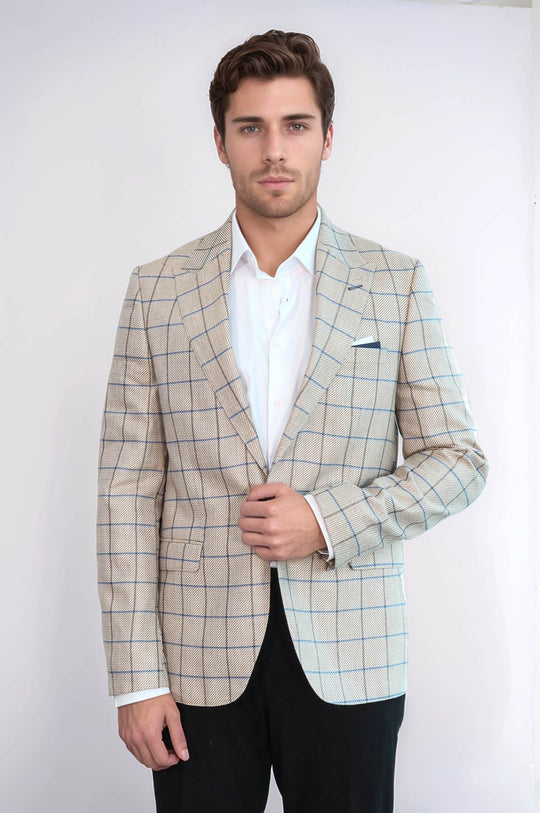Men’s Beige Windowpane Checked Slim Fit Peak Lapel Blazer