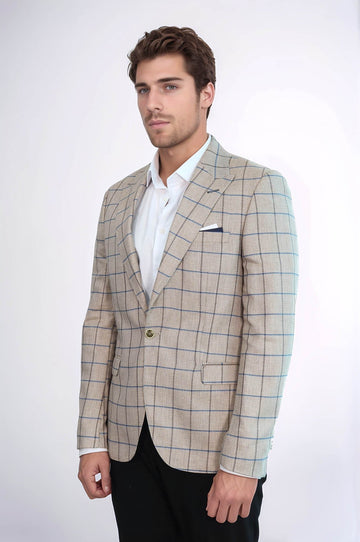 Men’s Beige Windowpane Checked Slim Fit Peak Lapel Blazer