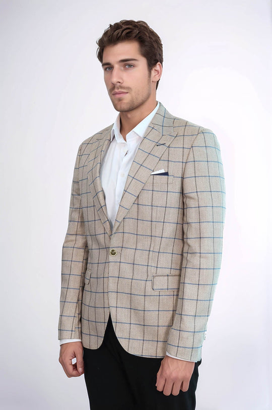 Men’s Beige Windowpane Checked Slim Fit Peak Lapel Blazer