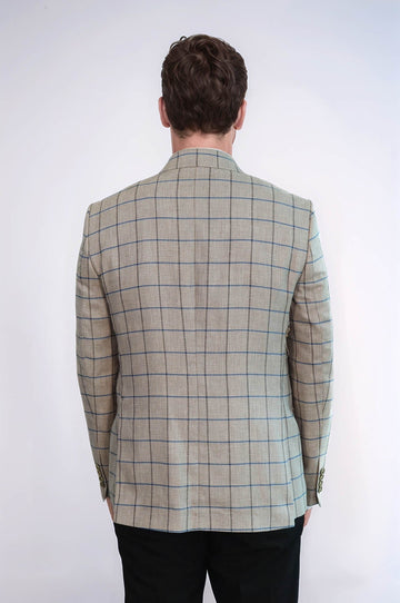 Men’s Beige Windowpane Checked Slim Fit Peak Lapel Blazer