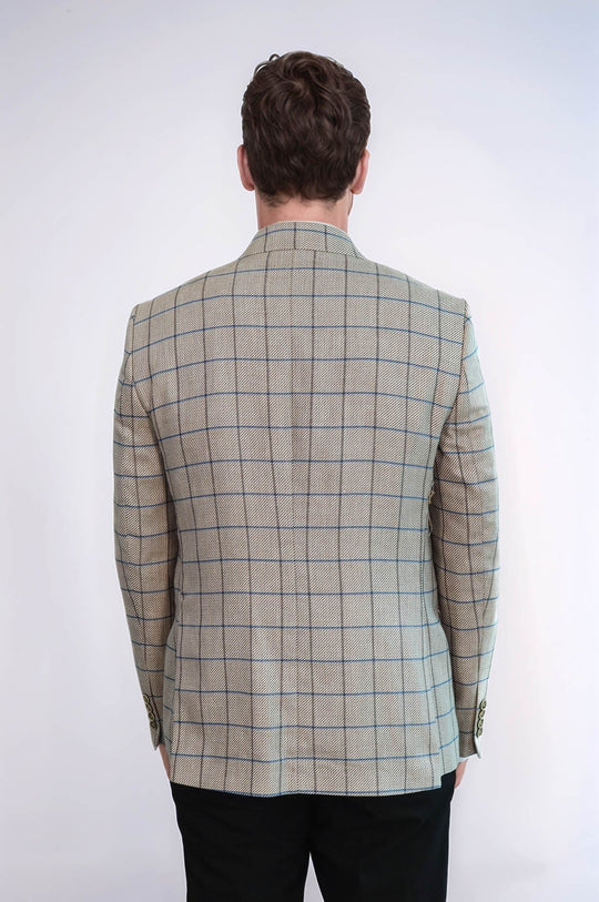 Men’s Beige Windowpane Checked Slim Fit Peak Lapel Blazer