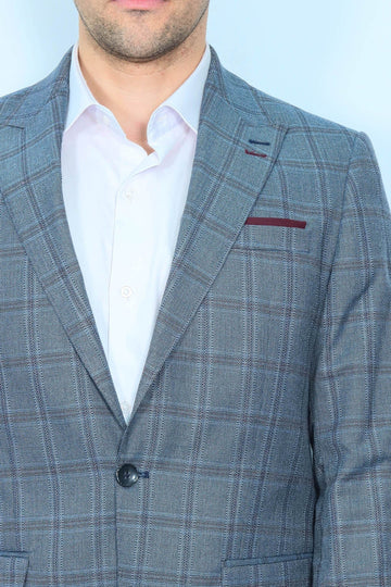 Men’s Grey & Blue Checked Slim Fit Notch Lapel Sport Blazer