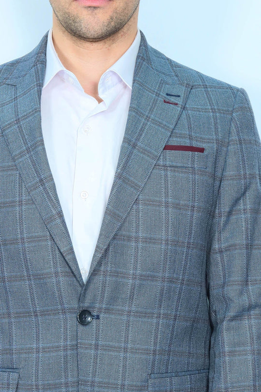 Men’s Grey & Blue Checked Slim Fit Notch Lapel Sport Blazer