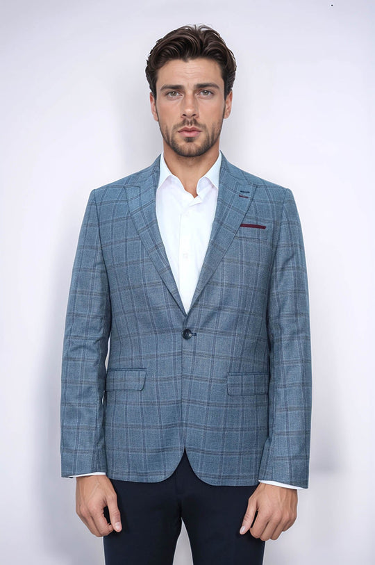 Men’s Grey & Blue Checked Slim Fit Notch Lapel Sport Blazer