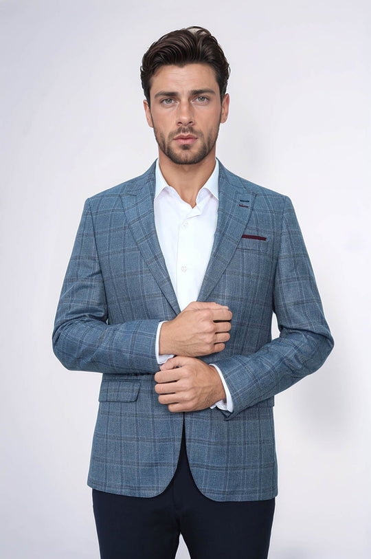 Men’s Grey & Blue Checked Slim Fit Notch Lapel Sport Blazer