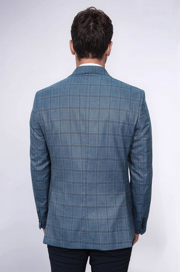 Men’s Grey & Blue Checked Slim Fit Notch Lapel Sport Blazer