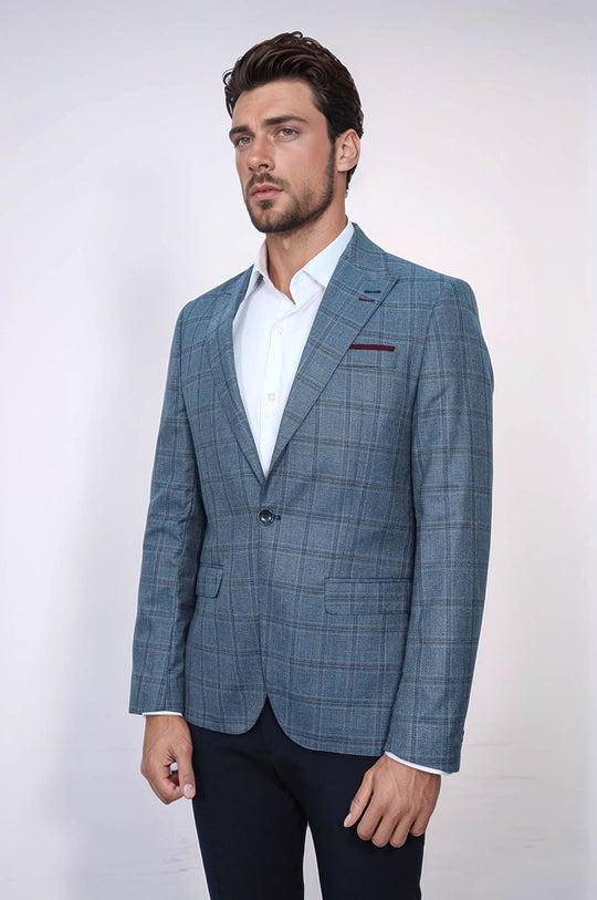 Men’s Grey & Blue Checked Slim Fit Notch Lapel Sport Blazer