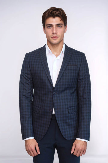 Men’s Navy Blue Plaid Slim Fit Notch Lapel Sport Blazer with Pocket Detail
