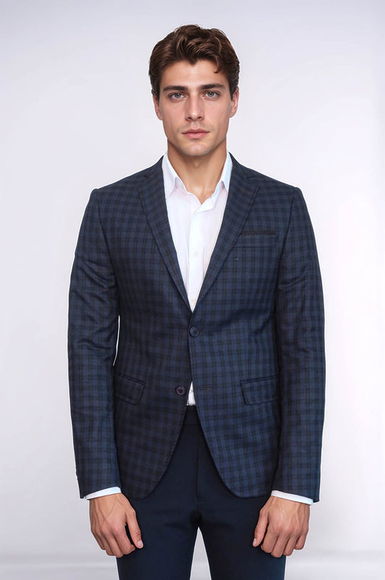 Men’s Navy Blue Plaid Slim Fit Notch Lapel Sport Blazer with Pocket Detail