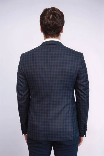 Men’s Navy Blue Plaid Slim Fit Notch Lapel Sport Blazer with Pocket Detail