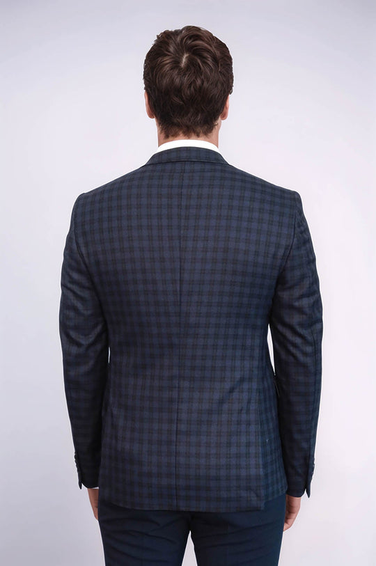 Men’s Navy Blue Plaid Slim Fit Notch Lapel Sport Blazer with Pocket Detail