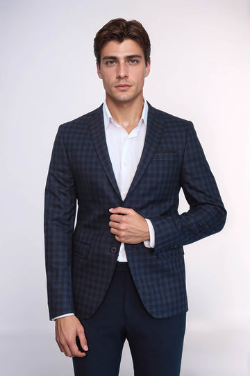 Men’s Navy Blue Plaid Slim Fit Notch Lapel Sport Blazer with Pocket Detail