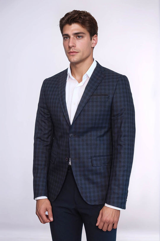 Men’s Navy Blue Plaid Slim Fit Notch Lapel Sport Blazer with Pocket Detail