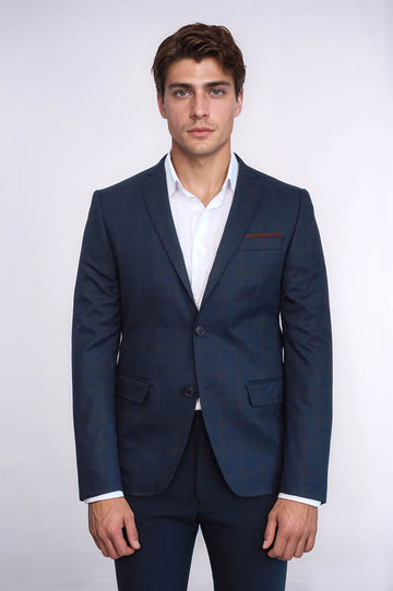 Men’s Navy Blue Micro-Plaid Slim Fit Notch Lapel Sport Blazer with Pocket Detail