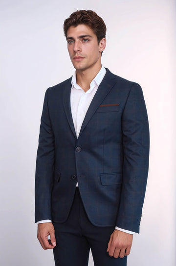 Men’s Navy Blue Micro-Plaid Slim Fit Notch Lapel Sport Blazer with Pocket Detail