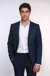 Men’s Navy Blue Micro-Plaid Slim Fit Notch Lapel Sport Blazer with Pocket Detail