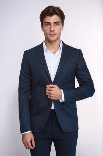Men’s Navy Blue Micro-Plaid Slim Fit Notch Lapel Sport Blazer with Pocket Detail