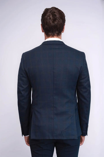 Men’s Navy Blue Micro-Plaid Slim Fit Notch Lapel Sport Blazer with Pocket Detail