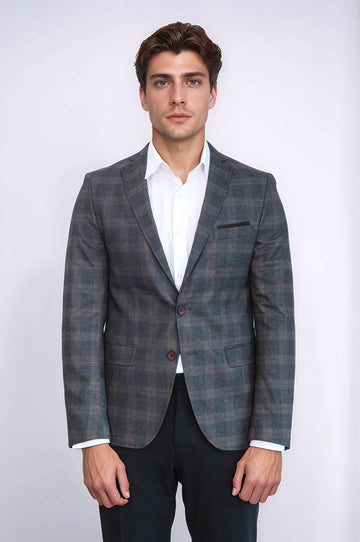 Men’s Smoked Grey Plaid Slim Fit Notch Lapel Sport Blazer with Pocket Detail