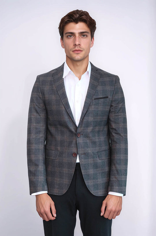 Men’s Smoked Grey Plaid Slim Fit Notch Lapel Sport Blazer with Pocket Detail