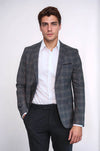 Men’s Smoked Grey Plaid Slim Fit Notch Lapel Sport Blazer with Pocket Detail