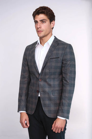 Men’s Smoked Grey Plaid Slim Fit Notch Lapel Sport Blazer with Pocket Detail