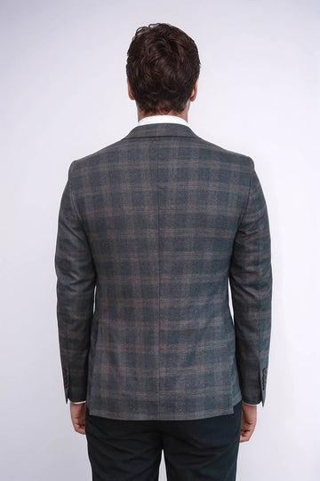 Men’s Smoked Grey Plaid Slim Fit Notch Lapel Sport Blazer with Pocket Detail