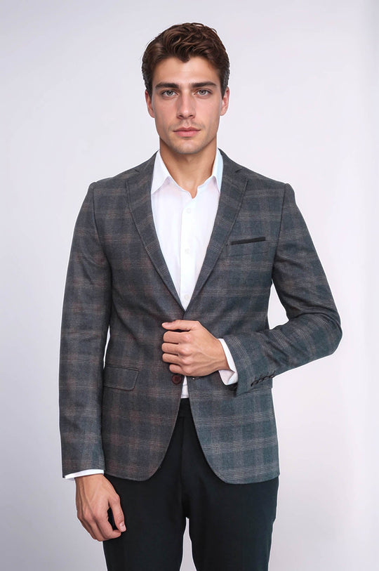 Men’s Smoked Grey Plaid Slim Fit Notch Lapel Sport Blazer with Pocket Detail