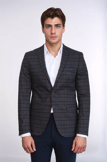 Men’s Brown & Blue Plaid Slim Fit Notch Lapel Sport Blazer