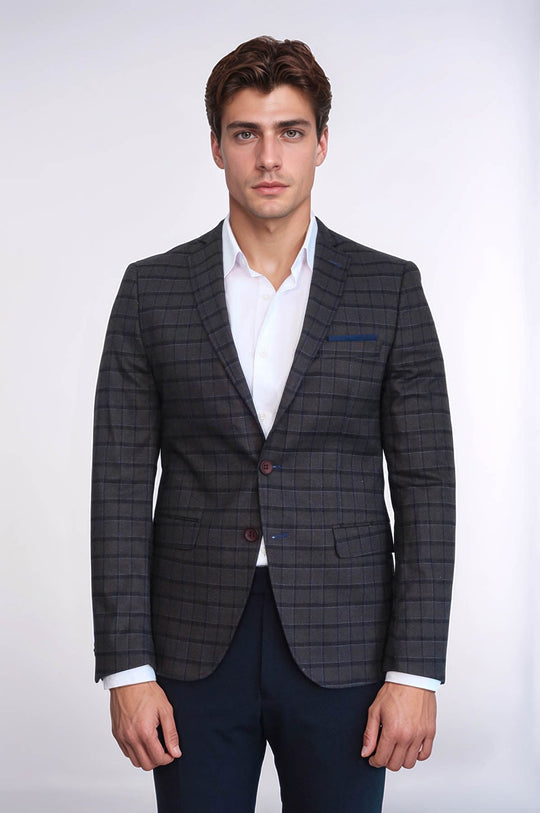 Men’s Brown & Blue Plaid Slim Fit Notch Lapel Sport Blazer