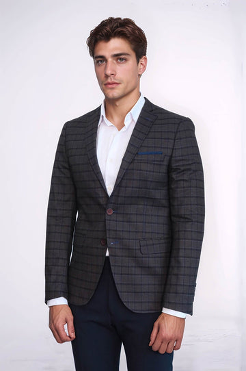 Men’s Brown & Blue Plaid Slim Fit Notch Lapel Sport Blazer