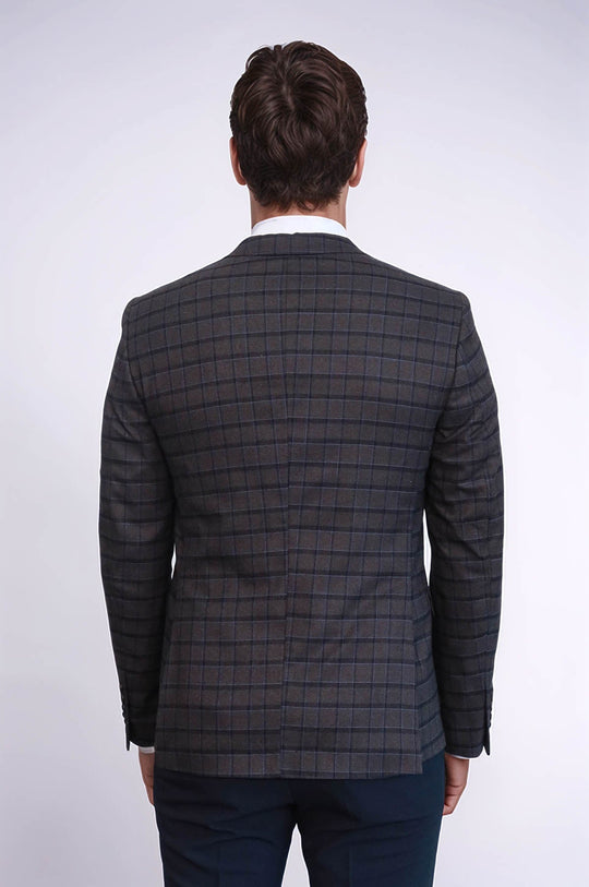 Men’s Brown & Blue Plaid Slim Fit Notch Lapel Sport Blazer