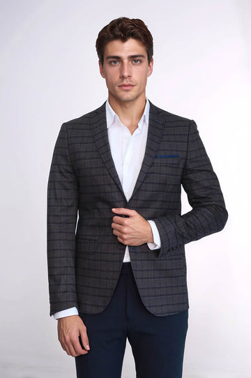 Men’s Brown & Blue Plaid Slim Fit Notch Lapel Sport Blazer