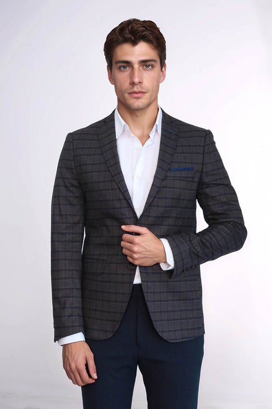 Men’s Brown & Blue Plaid Slim Fit Notch Lapel Sport Blazer