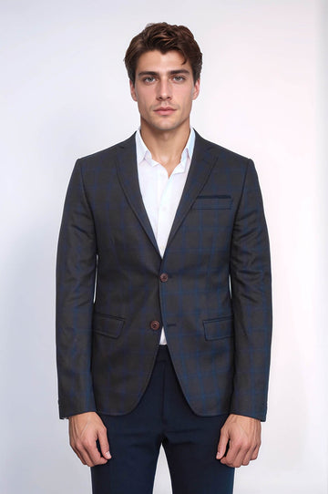 Men’s Chocolate Brown & Navy Windowpane Plaid Slim Fit Sport Blazer