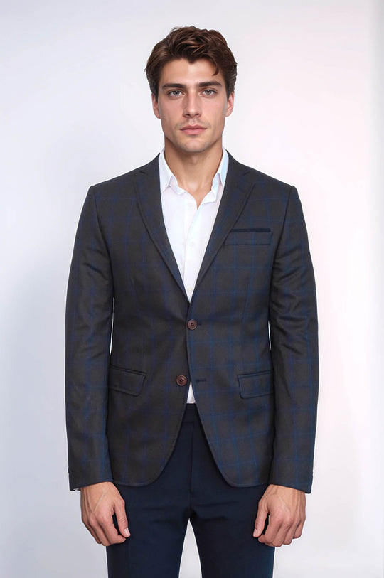 Men’s Chocolate Brown & Navy Windowpane Plaid Slim Fit Sport Blazer