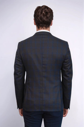 Men’s Chocolate Brown & Navy Windowpane Plaid Slim Fit Sport Blazer