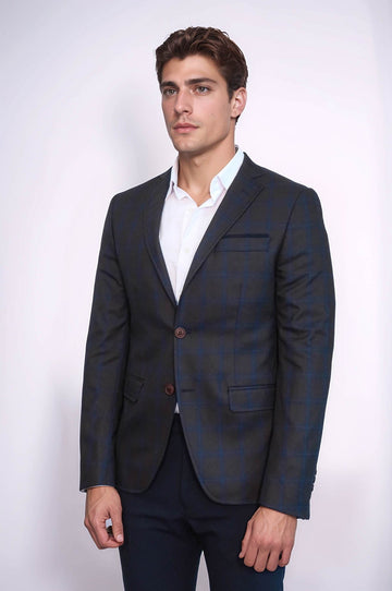 Men’s Chocolate Brown & Navy Windowpane Plaid Slim Fit Sport Blazer