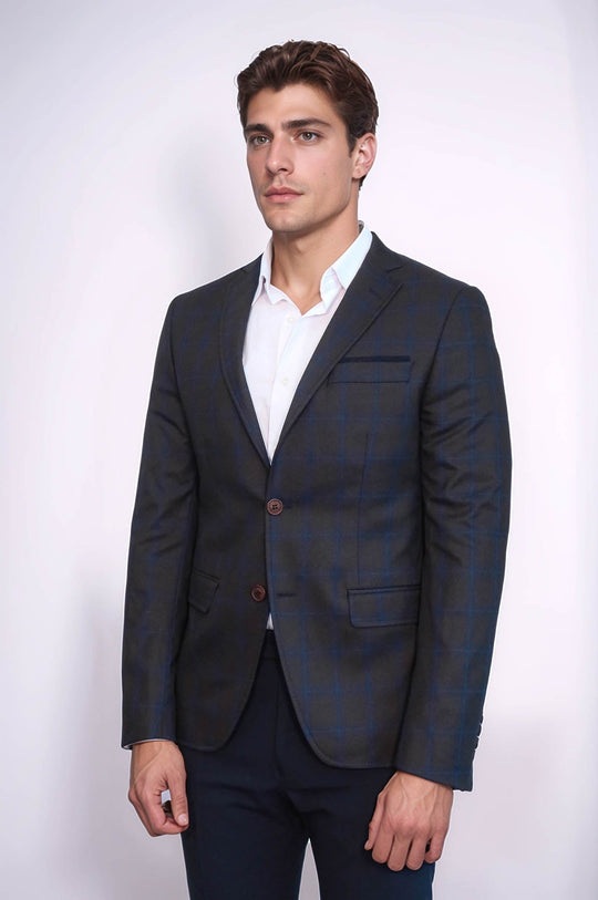 Men’s Chocolate Brown & Navy Windowpane Plaid Slim Fit Sport Blazer