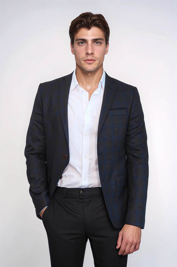Men’s Chocolate Brown & Navy Windowpane Plaid Slim Fit Sport Blazer