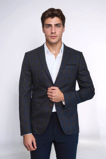 Men’s Chocolate Brown & Navy Windowpane Plaid Slim Fit Sport Blazer