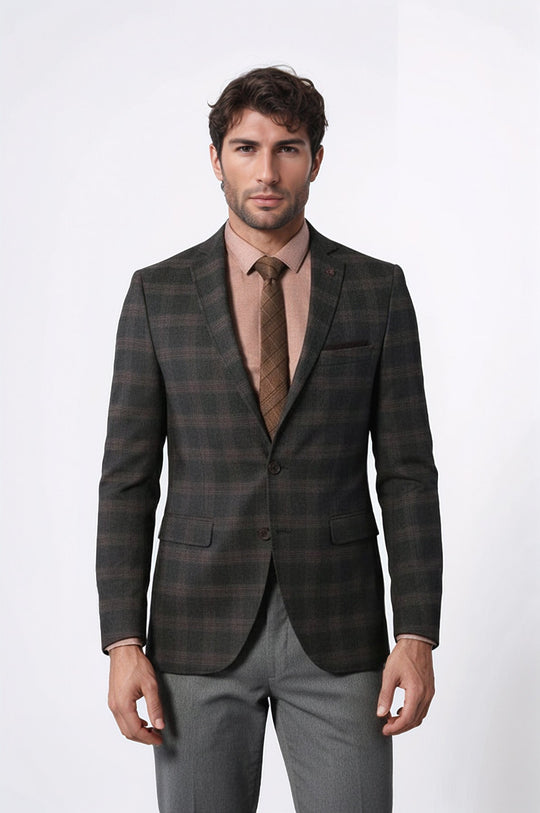 Men’s Grey & Brown Wool Blend Checked Slim Fit Notch Lapel Blazer