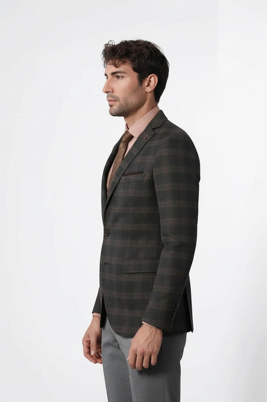 Men’s Grey & Brown Wool Blend Checked Slim Fit Notch Lapel Blazer