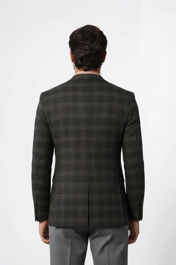 Men’s Grey & Brown Wool Blend Checked Slim Fit Notch Lapel Blazer