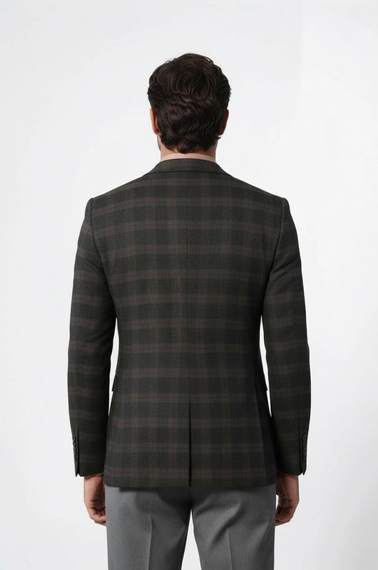 Men’s Grey & Brown Wool Blend Checked Slim Fit Notch Lapel Blazer