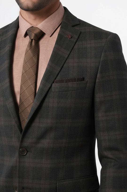 Men’s Grey & Brown Wool Blend Checked Slim Fit Notch Lapel Blazer