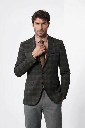 Men’s Grey & Brown Wool Blend Checked Slim Fit Notch Lapel Blazer