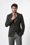 Men’s Grey & Brown Wool Blend Checked Slim Fit Notch Lapel Blazer
