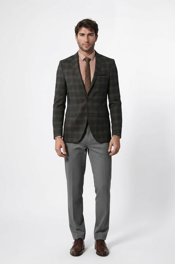 Men’s Grey & Brown Wool Blend Checked Slim Fit Notch Lapel Blazer