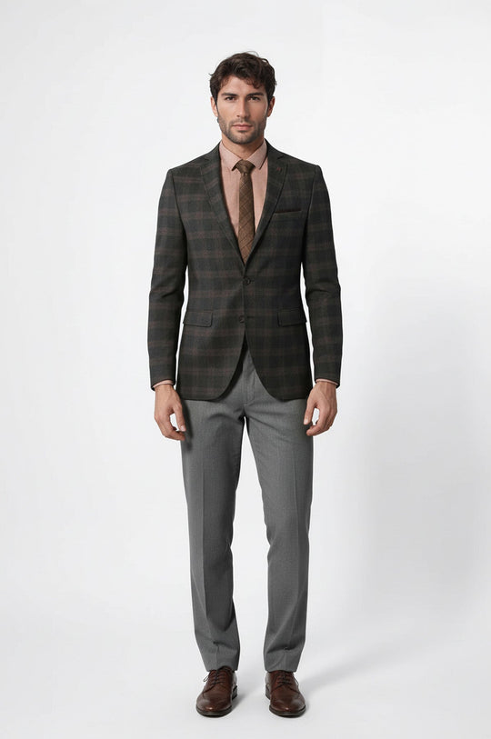 Men’s Grey & Brown Wool Blend Checked Slim Fit Notch Lapel Blazer